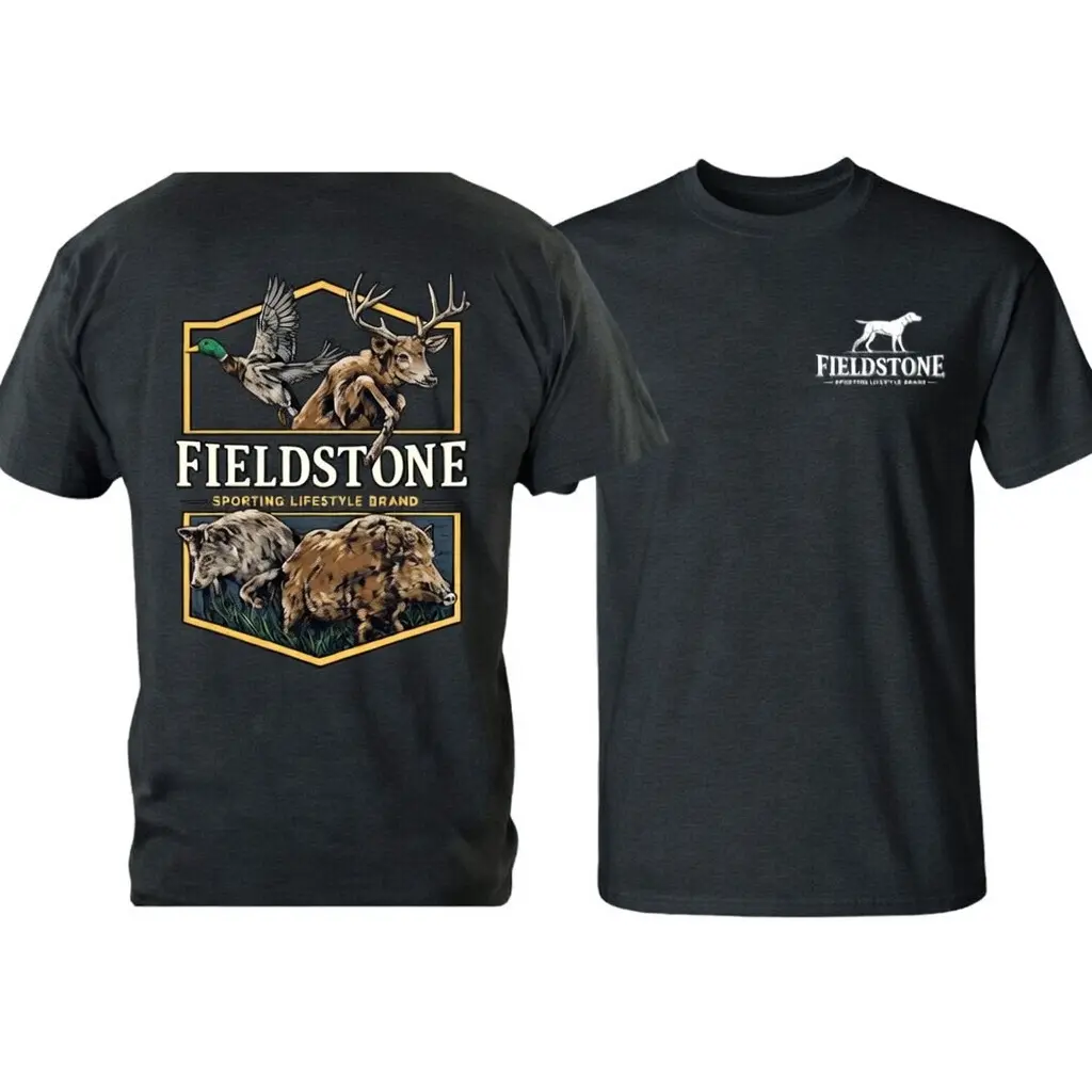 Unisex Fieldstone Wildlife Shield Cotton Graphic Top, Short-Sleeve Tee with Duck Deer Boar & Bear Back Print, Breathable for Hiking/Light Outdoor, Sport Lover Lifestyle Casual Summer Streetwear