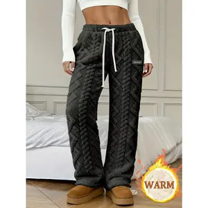 Women's Cozy Fleece Loungewear Pants, Warm Sherpa Lined Wide Leg Pants with Drawstring for Home & Casual Wear