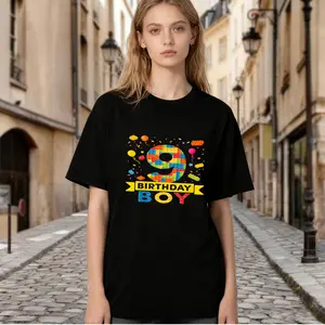 Premium model-Unisex-100% cotton-Transfer-DIY-Kids 9 Year Old Building Blocks 9th Birthday Boy T-Shirt Casual Fabric