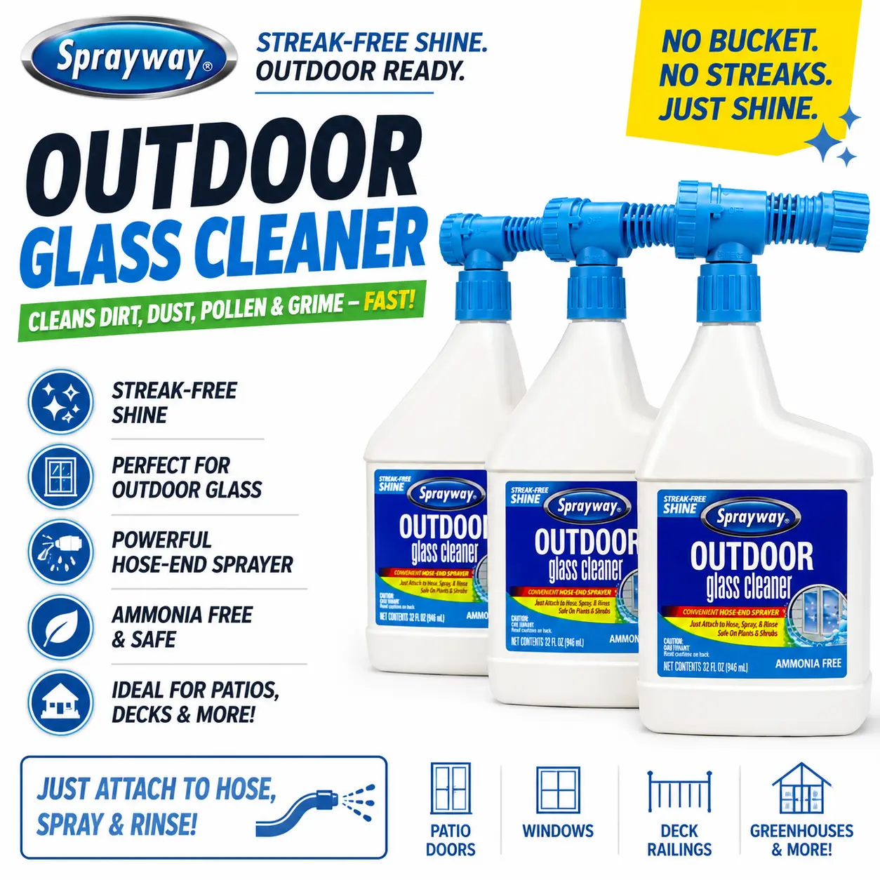 3-Pack Outdoor Glass Cleaner for Household Items, Streak-Free Formula for Windows, Patio Doors