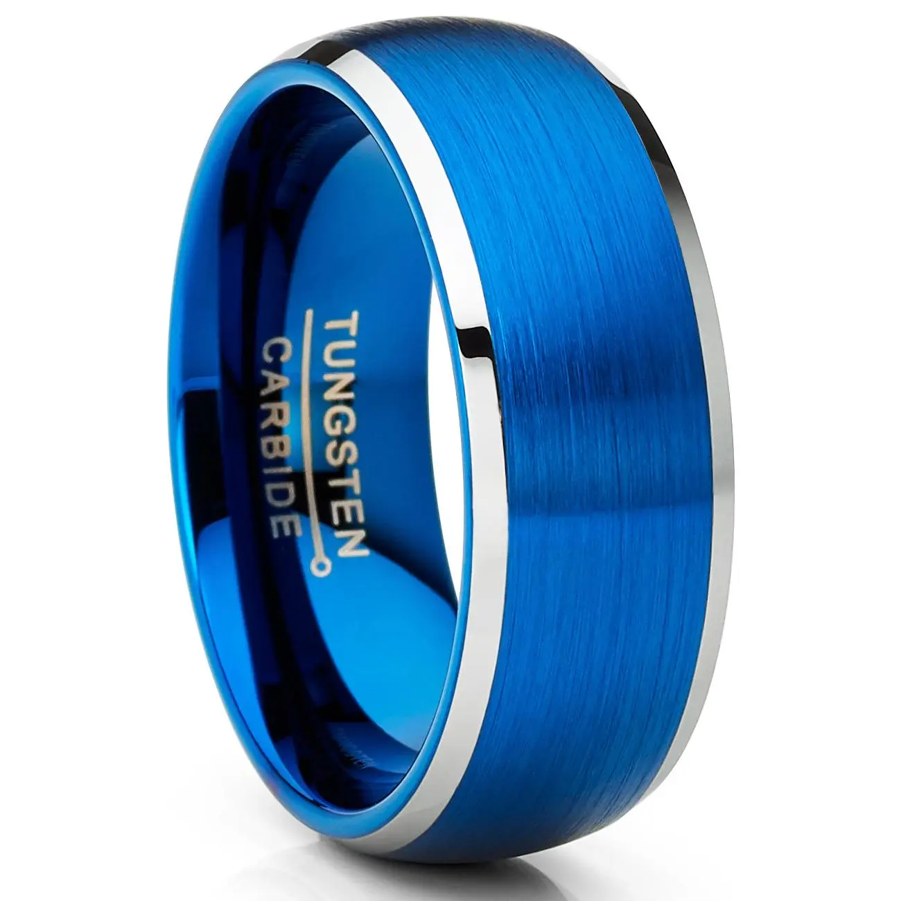 Men's Two-Tone Blue Silver Tungsten Carbide Wedding Band Ring Comfort-Fit High-Polish 8MM