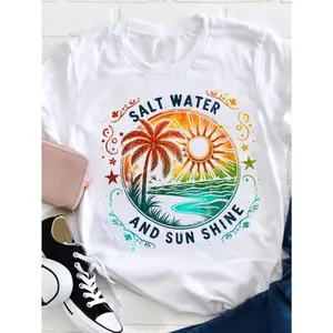 Women'S  T-Shirt - Featuring a Tropical Beach Sunset Print with Palm Trees And Sunlight Design, This Loose-Fitting Round Neck Short Sleeve Top Is a Breathable Summer Casual Tee, Perfect for Mother'S Day/Teacher'S Day Gifts, Beach Outings