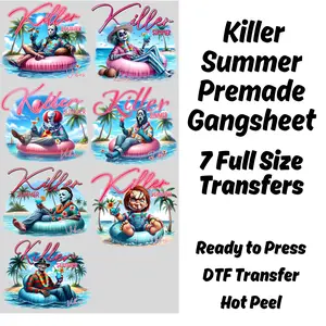 Killer Summer premade DTF gang sheet-7 adult prints, summer transfers, Horror heat transfer, Horror Killer Character's Summer, Funny Summer
