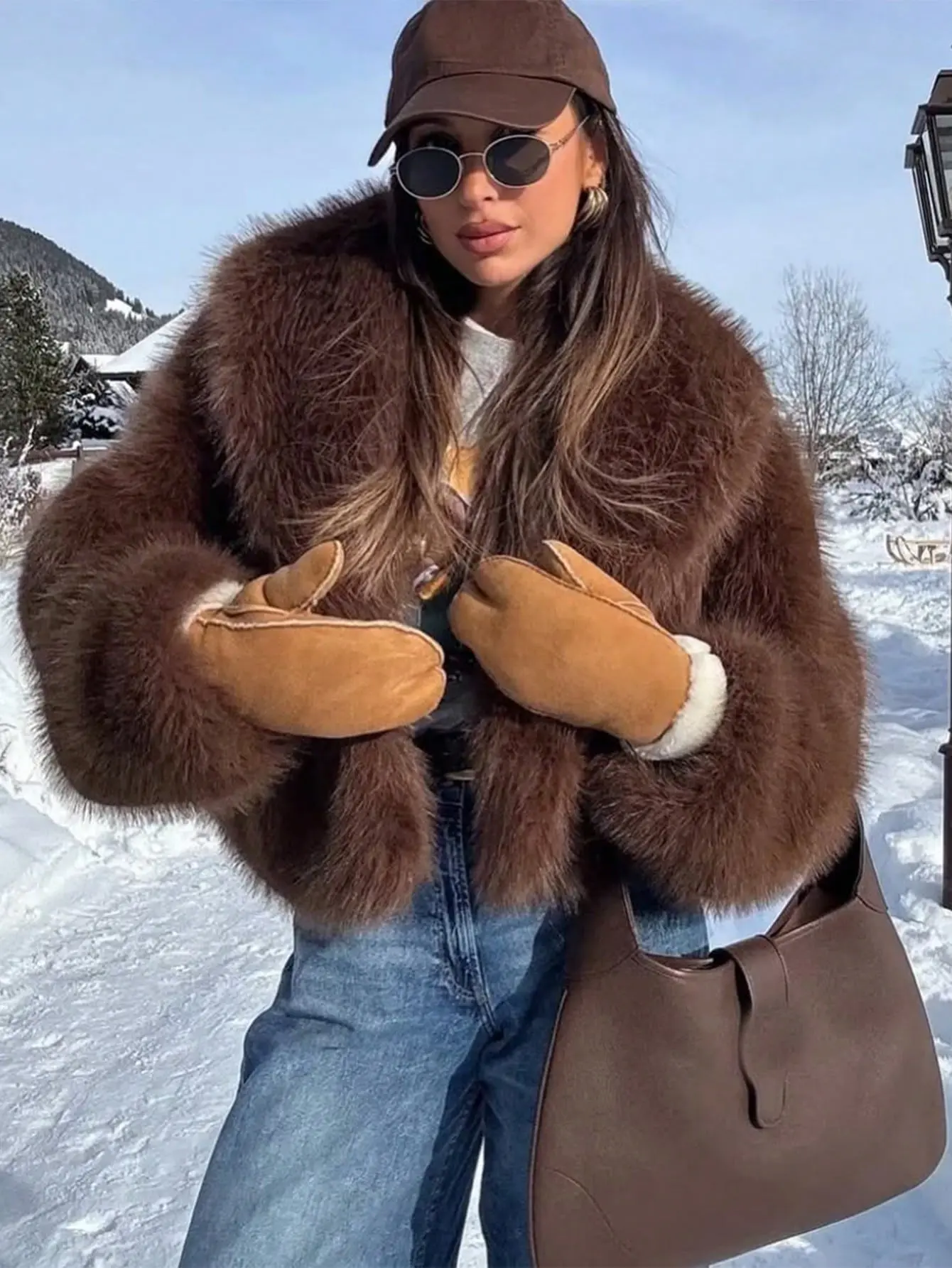 Arssm Women Fluffy Faux Fur Coat Long Sleeve Open-front Winter Cropped Coat Short Fur Fuzzy Jacket