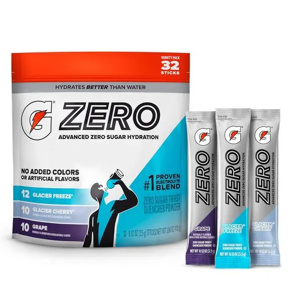 Gatorade Zero Sugar Electrolyte Powder Drink Mix, 3 Flavor Variety Pack, (32 Servings), No Artificial Flavors, No Added Colors, Zero Sugar, Sports Drinks, Hydration, Electrolyte Drink