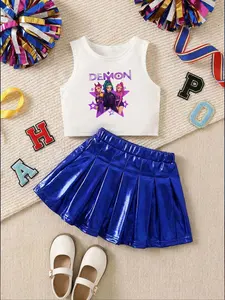 Girls' Summer Casual Dance Team Star K-Pop Print Two-Piece Set, Sleeveless Crop Top & Pleated Skirt, Multiple Colors Available, Cute Clothing Set