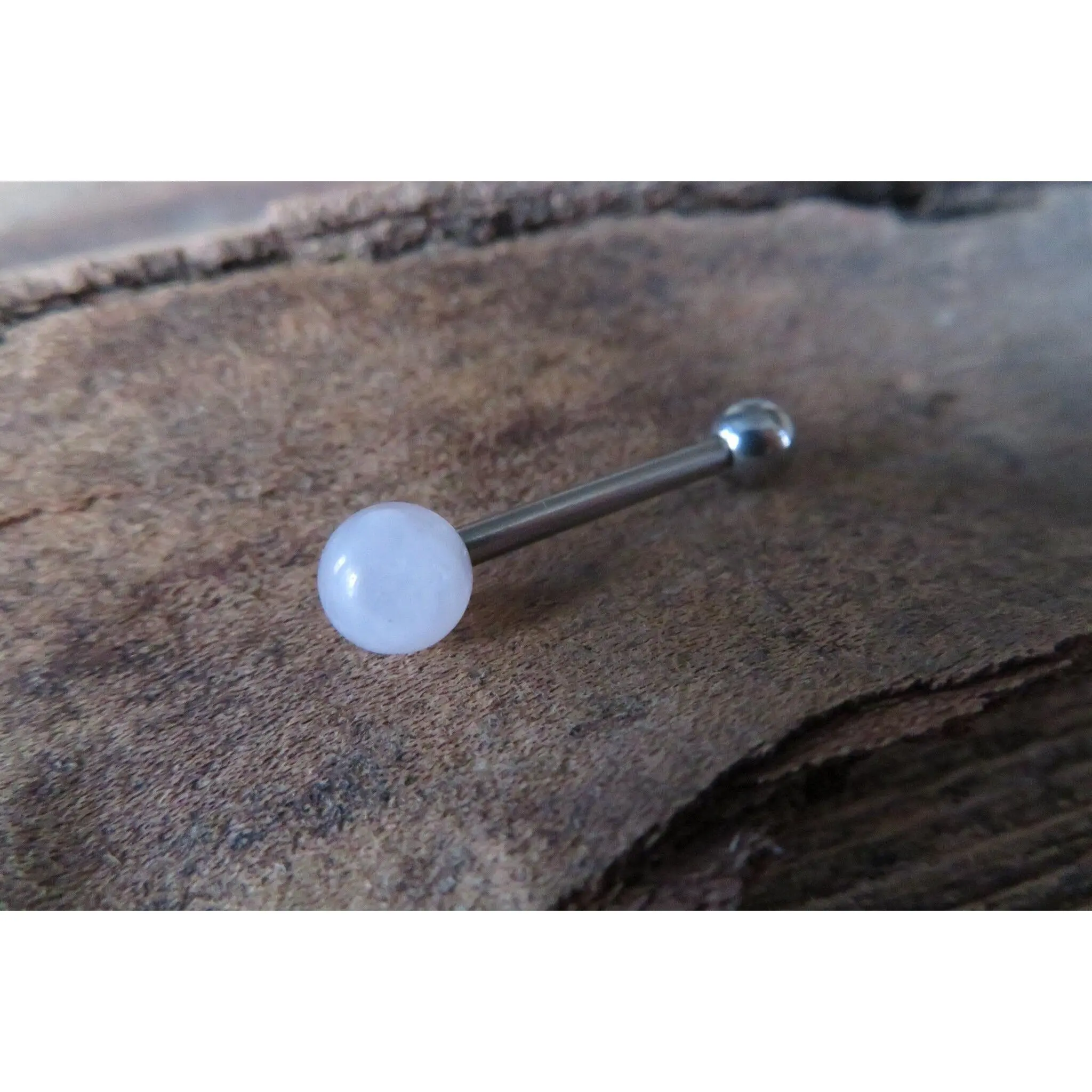 12G THICK Rose Quartz  Natural Stone Barbell Tongue Ring 12G (2.0mm) Piercing