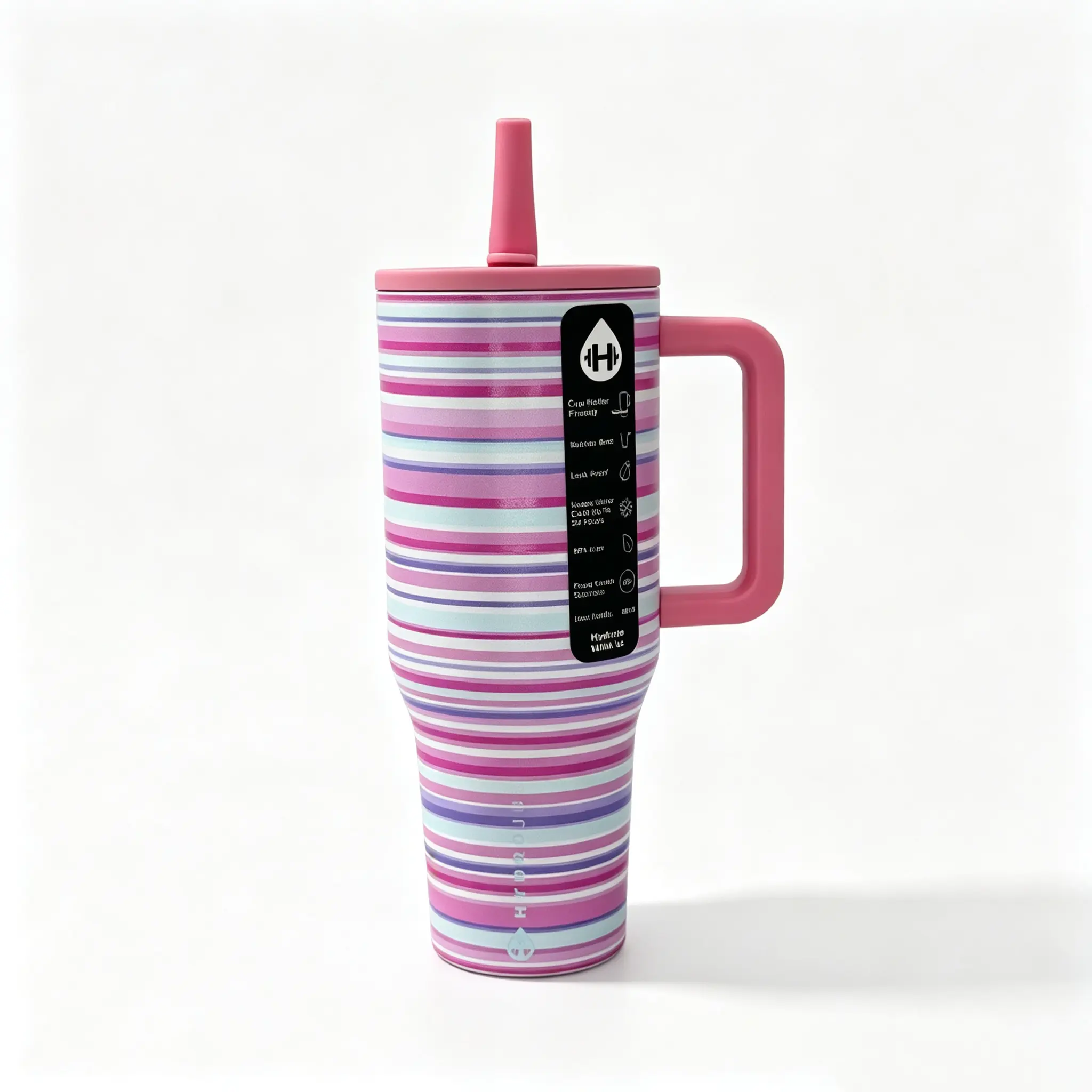 HydroJug 40oz Pastel Pink Purple Striped Handle Tumbler, Matching Pink Straw Lid, Leakproof Insulated Stainless Steel Mug, 24 Hour Cold Retention Girly Cup for Car Travel, Office & Daily Commute Drinkware Flasks Bottled Bottles Portable Water Bottles