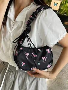 Sweet Floral Single Shoulder Bag, New Drawstring Design, Unique Style, Versatile Fashion, Elegant Handbag & Crossbody Bag