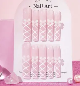 Nailrosy 10Pcs Handmade Extra Long Square White Bow Knot Y2k Cute Reusable Acrylic Press On Nails, Nail Kit Acrylic Set, Spring Summer 2026 New Design with Gift Box for Women’s Festivals & Birthdays