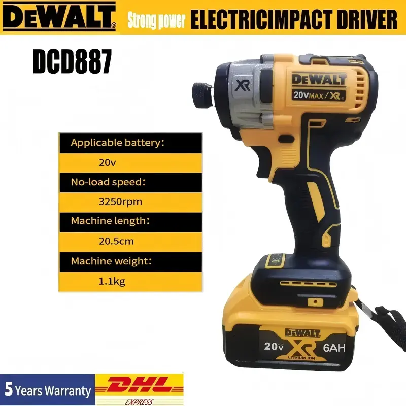 DeWalt DCF887 Brushless Cordless High Torque Impact Driver Screwdriver - 20V DIY Power Tools, 205 Nm Torque Tool, Construction-Ready, 1/4" Hex Quick Chuck, Tightspace Reach, 20V Batteries Compatible, LED Lights Equipped, High Torque Drill