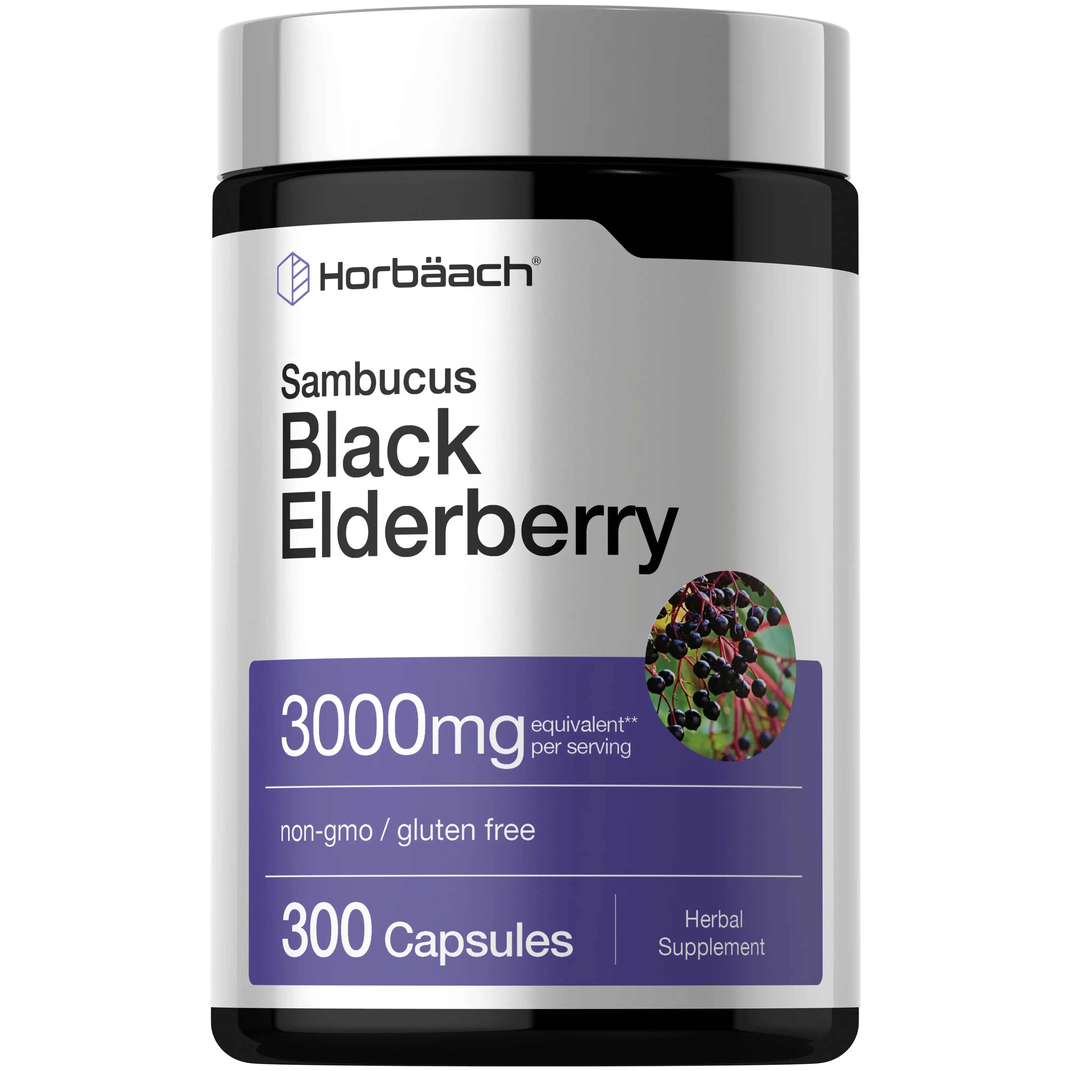 Horbäach Black Elderberry | 3000mg Capsules | 300 Count | Non-GMO, Gluten Free | Sambucus Supplement