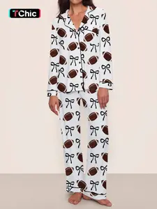 Coquette Football Pajama Set, Fall & Winter Long Sleeve Print Sleepwear Loungewear, Comfortable Cute Party, Elastic Waist Pants, Fitted Style，footbal Lover sleepwear,cham Football pajamas,