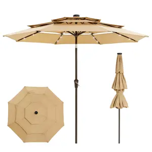 3 Tier Patio Umbrella with Light, 9ft Outdoor Patio Umbrella with Vented Top, 24 LED Solar Lights, Easy Crank and Push Button Tilt, 8 Sturdy Ribs, for Pool, Deck, Yard, Garden