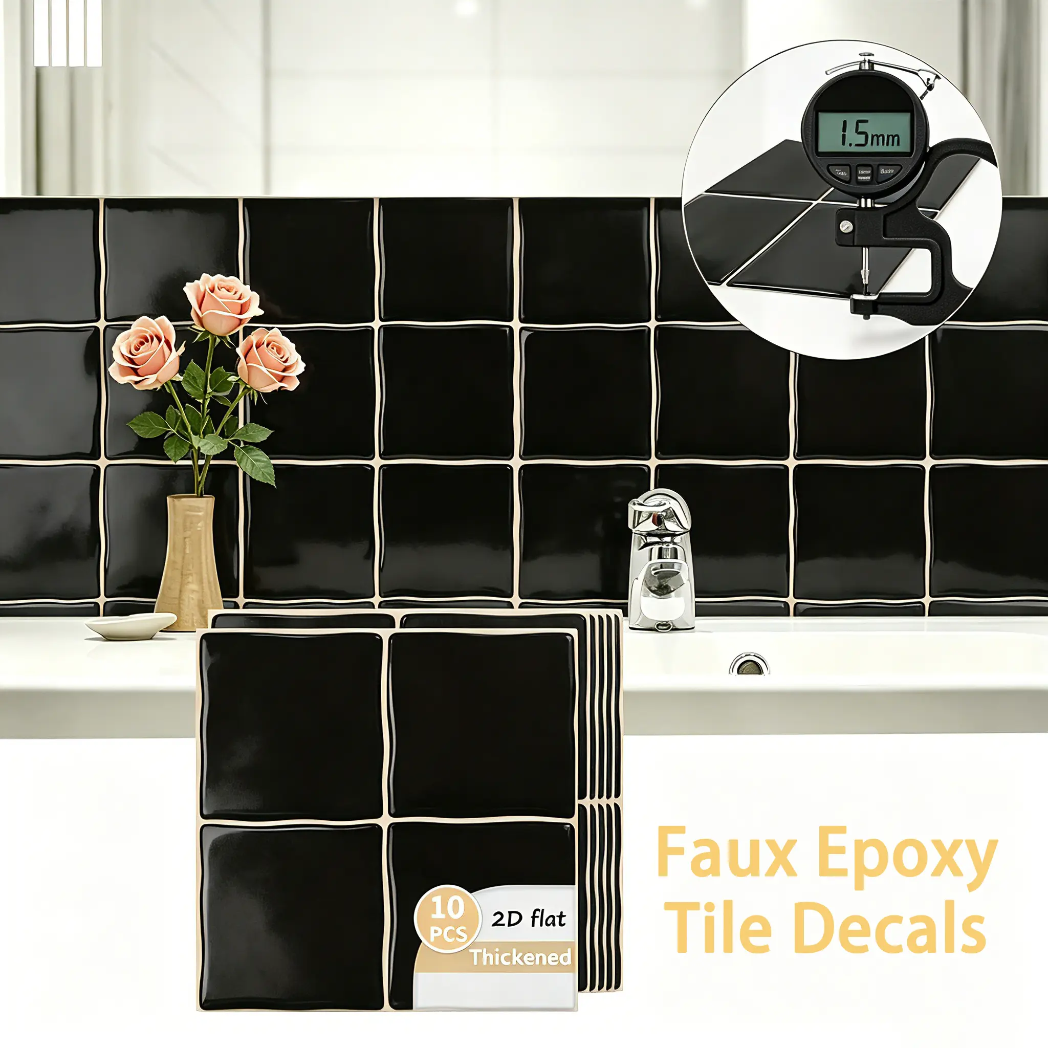Black Glue-Free 3D PVC Vinyl Wall Tiles, Decorative Minimalist Contemporary Peel-and-Stick Self-Adhesive Waterproof Removable Backsplash for Kitchen, Bathroom Home Improvement Decor