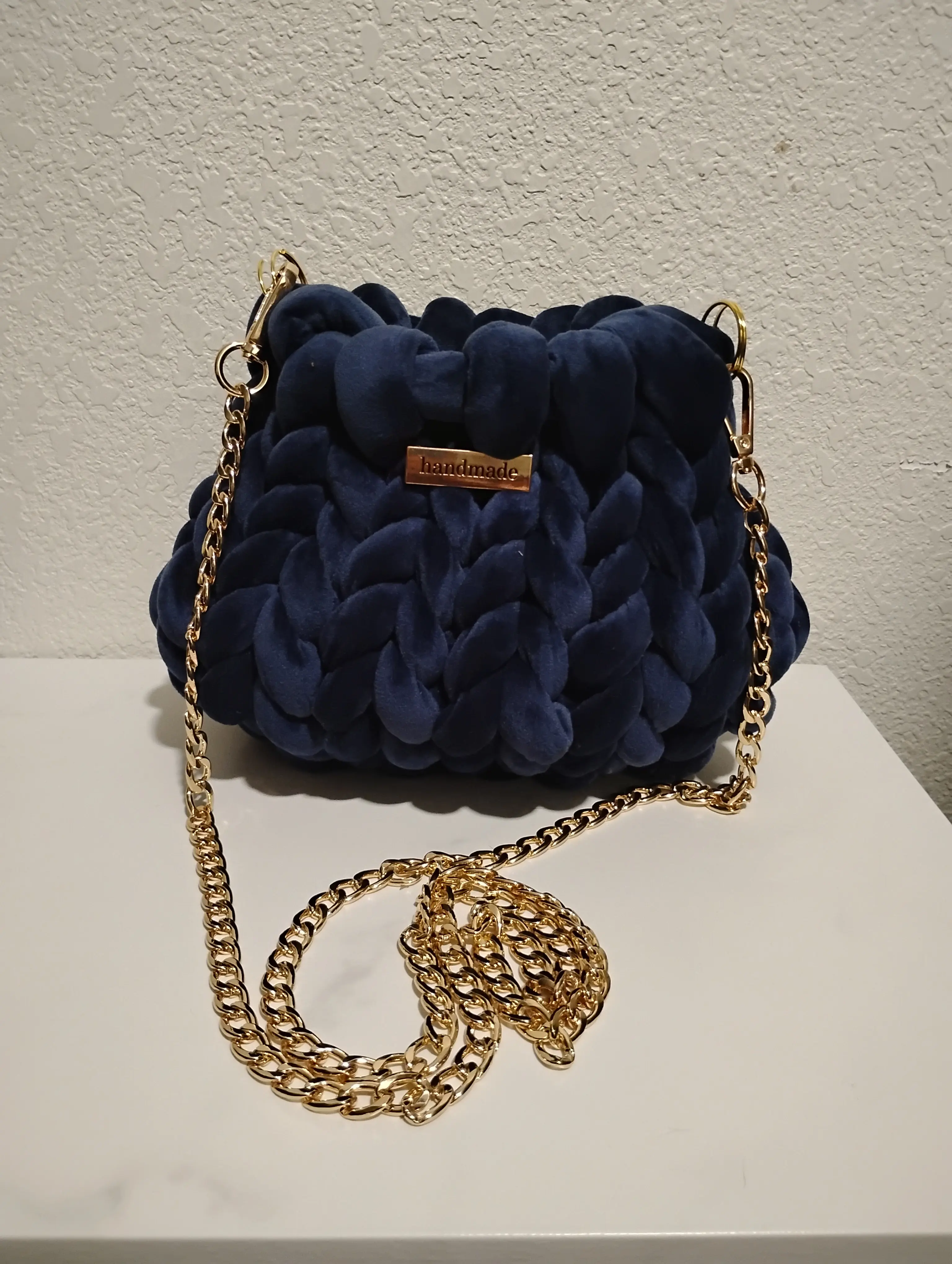 Cocoluxecollection Soft Velvet Handknitted Handbags with Gold Chain Strap Navy Blue Fashion Accessory No Warranty