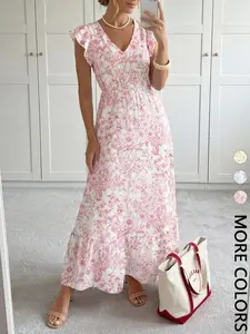 Women's Beach Vacation Floral Ruffled Long Dress, Elastic Waist V-Neck Ruffle Hem Sleeveless Dress, Casual Wear Feminine Boho Romantic Sundresses Bohemian Summer Fashion, Womenswear