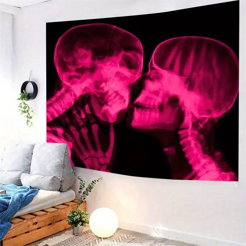 Romantic skull kiss tapestry, neon pink polyester wall hanging, large tapestry with stitched edges for bedroom decoration, washable art