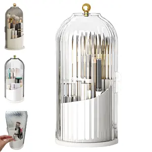 Birdcage-Style Concealed Toothbrush Holder Sliding Lid 360 Rotating Waterproof Dustproof Organizer for Bathroom Counter & Vanity White