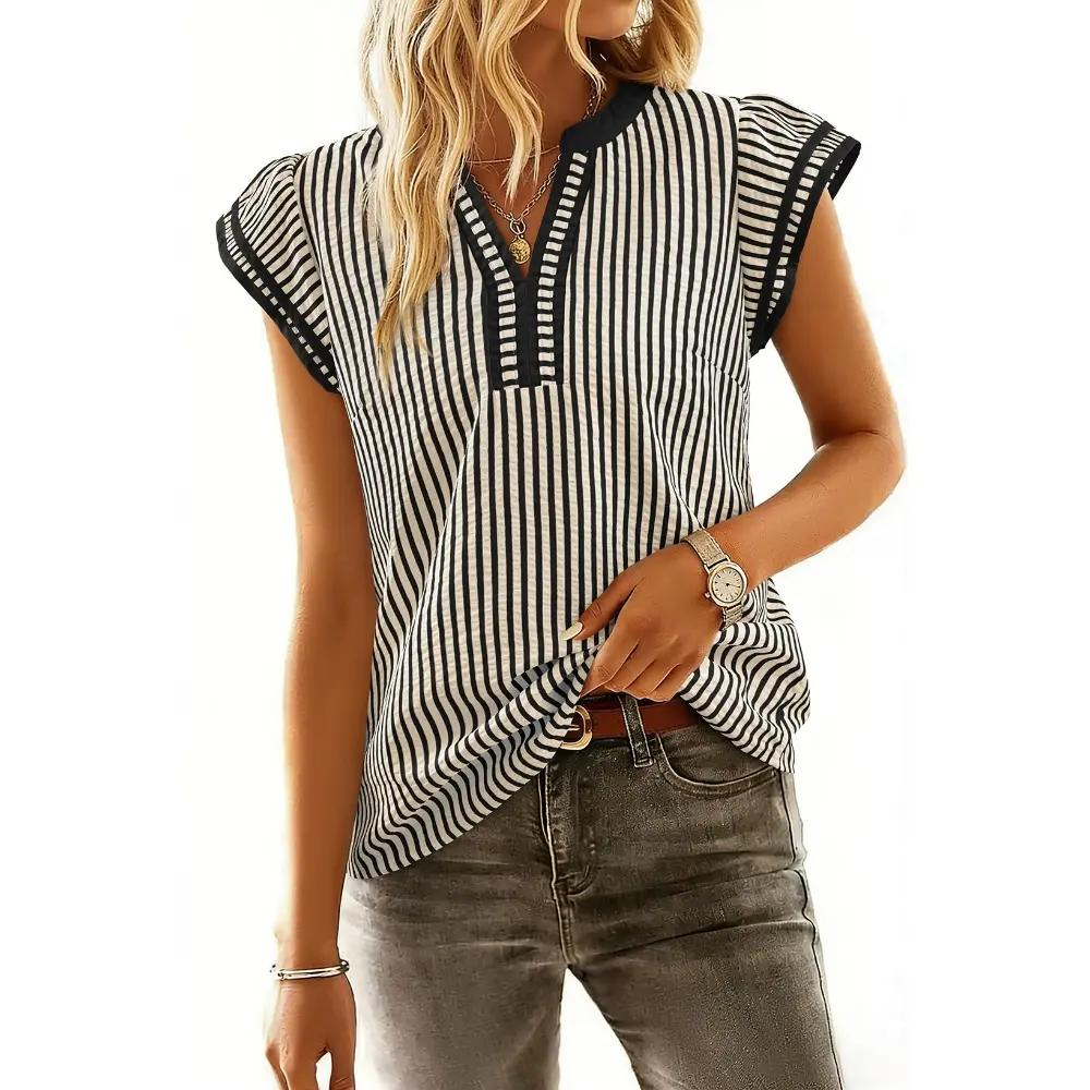 Dokotoo Womens Summer Tops Casual V Neck Cap Short Sleeve Striped T Shirts Loose Boho Blouses