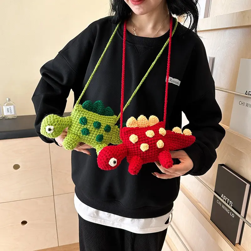 [Everyday Comfort] Adorable Green Dinosaur Crochet Messenger Bag  Cute Knitted Handbag & Coin Purse for Youngsters and Adults, Soft Fabric with Polyester Lining, Hand Wash or Dry Clean Only, Youngsters Messenger Bag | Playful Handbag | Gree, Cross Body Ba