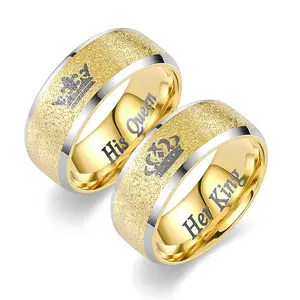 Frosted Crown Couple Rings, Matching Promise Rings, His King, Her Queen, Engraved Matte Engagement/Wedding Rings, Anniversary Personalized Design