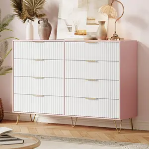 Garvee Modern Fluted Wood Dresser with 8 Spacious Drawers and Metal Handles, 55" Wide Chest for Bedroom, Closet Storage Organizer, and Living Room Use, Pink Finish