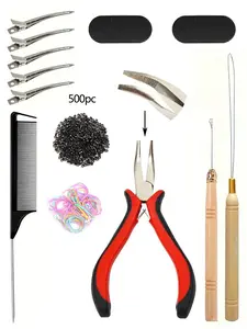 Hair Extension Tool Set with Hair Clips, Pointed Comb, Lacing Needle, Hooks, 500 Mini Rings, for Wigs and Feather Extensions Wig Install Kit