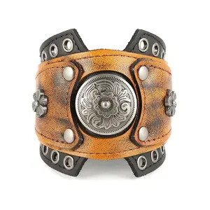 HZMAN Leather Bracelets Retro Men's Leather Cuff Bracelet Adjustable Wide Wristband Bracelet Jewelry Gift