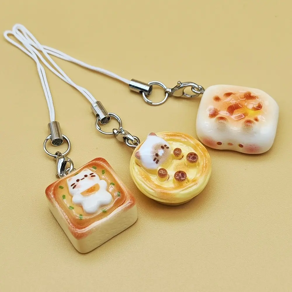 Cute Japanese Style 3D Resin Cat Pendant, Kawaii Toast Keychain, Tassel Charm for Bags and Car Accessories