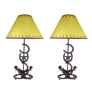 Ebros Set of 2 Cast Iron Western Horseshoes Base Desktop Table Lamps w/ Shade