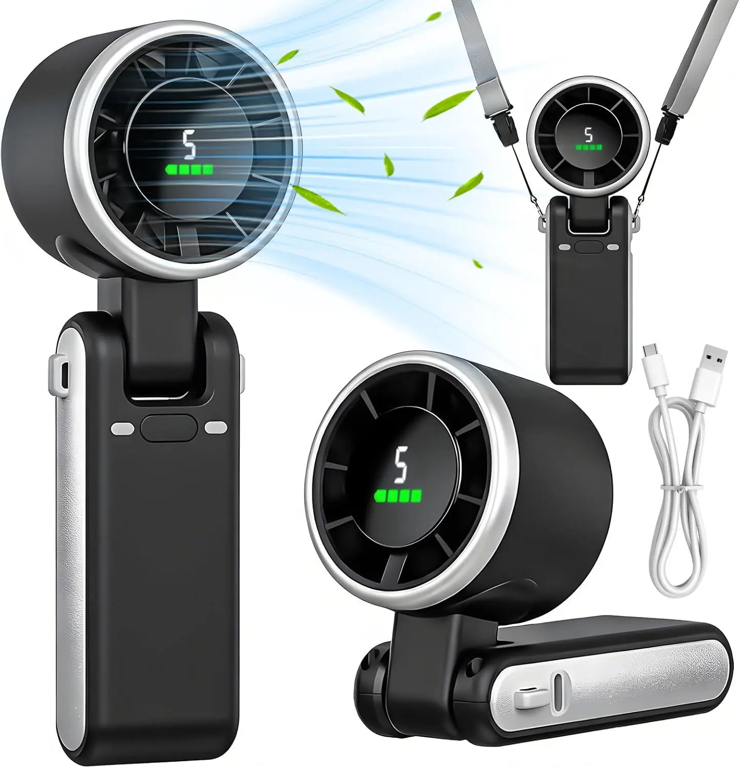 Wearable Neck Fan - 5-in-1 Foldable Body Cooling Neck Clip, Adjustable Wind Speed, Rechargeable Long Runtime Battery Operated Portable Home Appliance for Summer Travel, Black, Body Cooling Fan, Battery Operated Fans