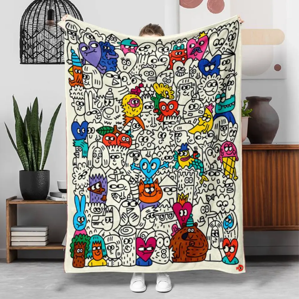 Colorful Doodle Monster Blanket, Soft Flannel Throw Blanket with Cute Cartoon Monster Character Print, Cozy Gift for Kids Boys Girls Teens and Art Lovers, Fun Creative Room Decor for Bed Couch Sofa Bedroom Dorm, Lightweight Warm Blanket
