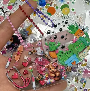 100 pcs Cartoon Sticker Acrylic Keychain Blank with Keychain: 40pcs Cartoon Sticker+20pcs acrylic sheet+20pcs tassel+20csp hanging chain