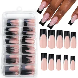 Long Square Fake Nails, 120pcs/box Black French Tip False Nails, Natural Skin Tone Acrylic Nails Press on for Women Girls Artificial Fingernails Nail Kit Set