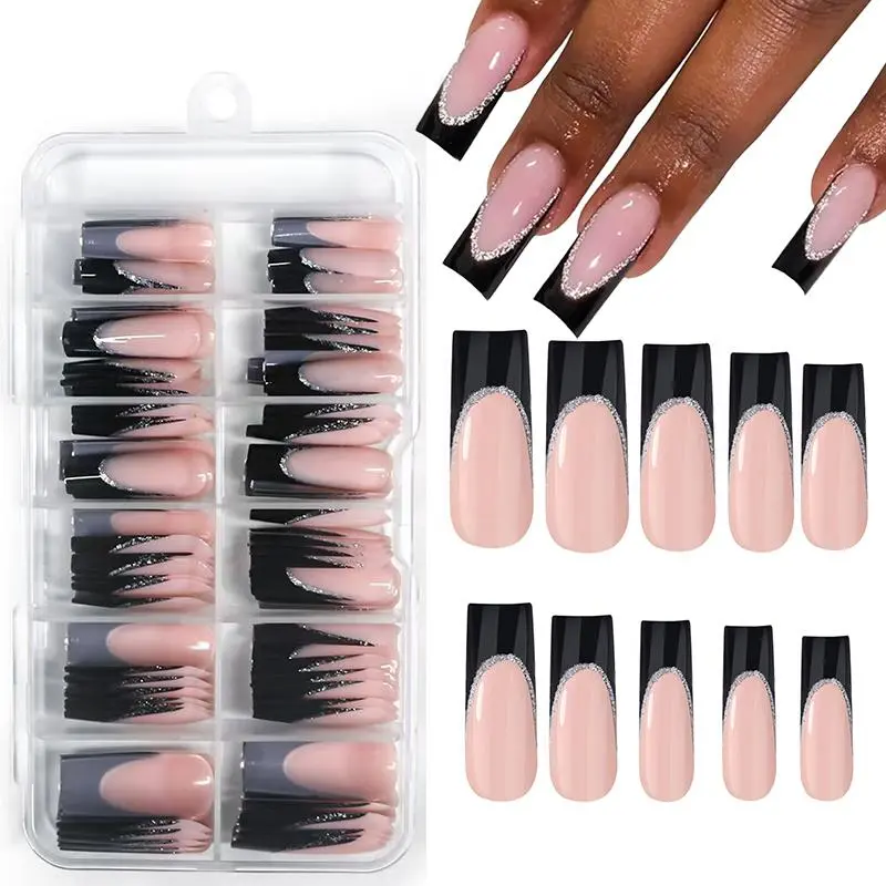 Long Square Fake Nails, 120pcs/box Black French Tip False Nails, Natural Skin Tone Acrylic Nails Press on for Women Girls Artificial Fingernails Nail Kit Set, DIY Nails, Nail Art Design
