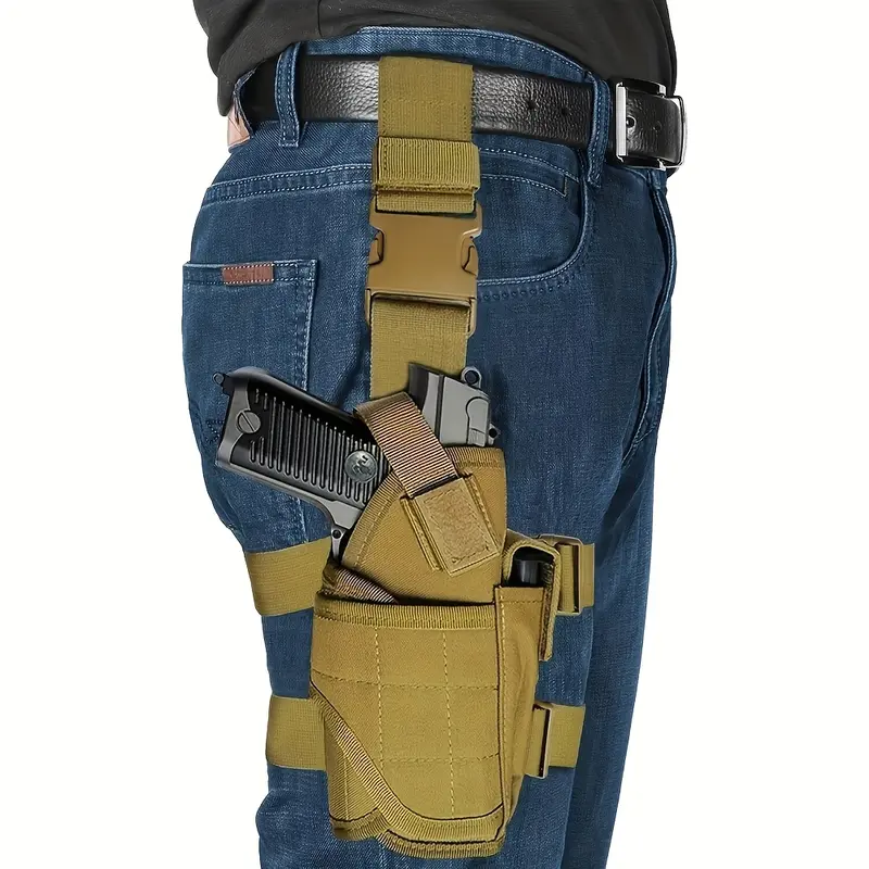 Unisex Right-Side 1-Piece Black Leg Holster with Magazine Pouch, Adjustable Shoulder Strap, Tactical Equipment, Quick Mag Access for Adult Hunting, Outdoor Activities