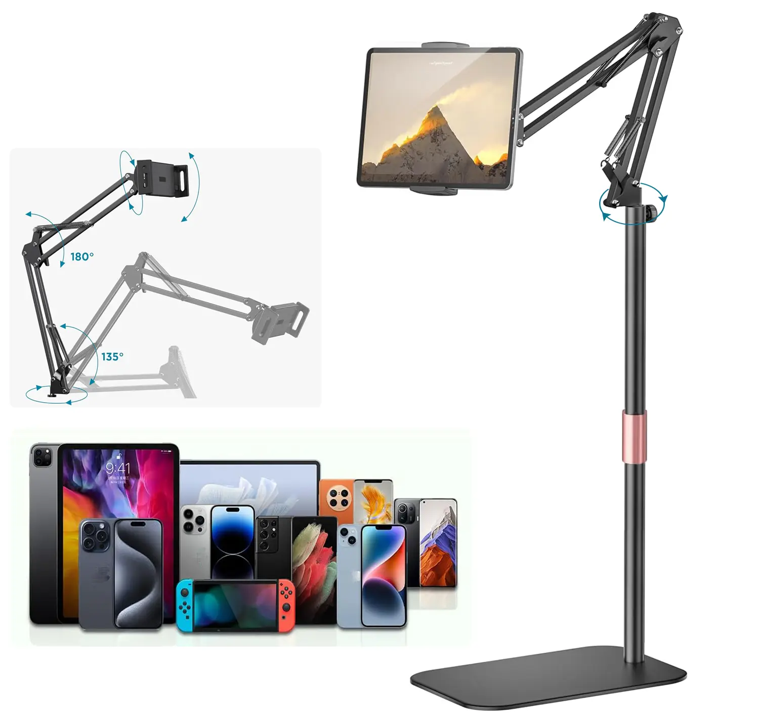 Tablet Floor Stand, Overhead Tablet Mount Adjustable Stand Holder, Bed Phone Holder Compatible With For iPhone iPad Pro Air Mini/Samsung Tab/Kindle/E-Readers or Other 4.7~11 inch Screen Devices