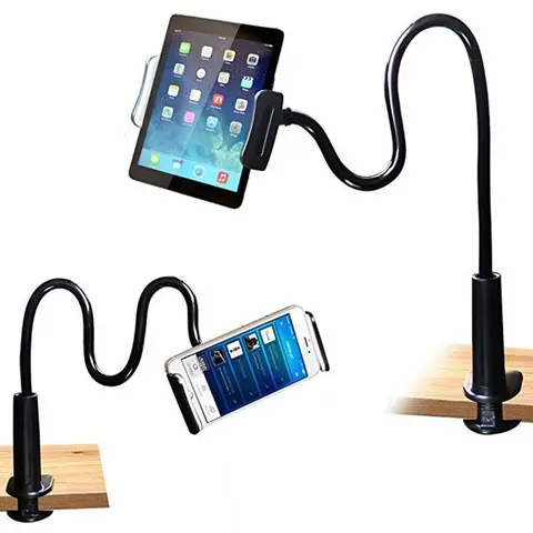 Gooseneck Cell Phone Holder, Universal 360 Flexible Phone Stand Lazy Bracket Mount, Adjustable Overhead Long Arms Clamp for Phone 17 16 15 14 13 Pro Xs Max XR X 8 7 6 6s Plus and Other 4.5~12'' Device (Black)