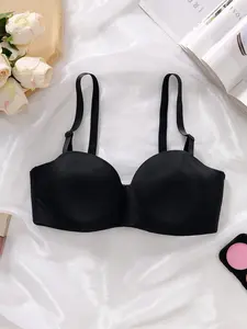 Black 1/2 Cup Push-Up Bra for Women, Seamless Strapless Bralette with Removable Straps, Invisible Everyday Bra