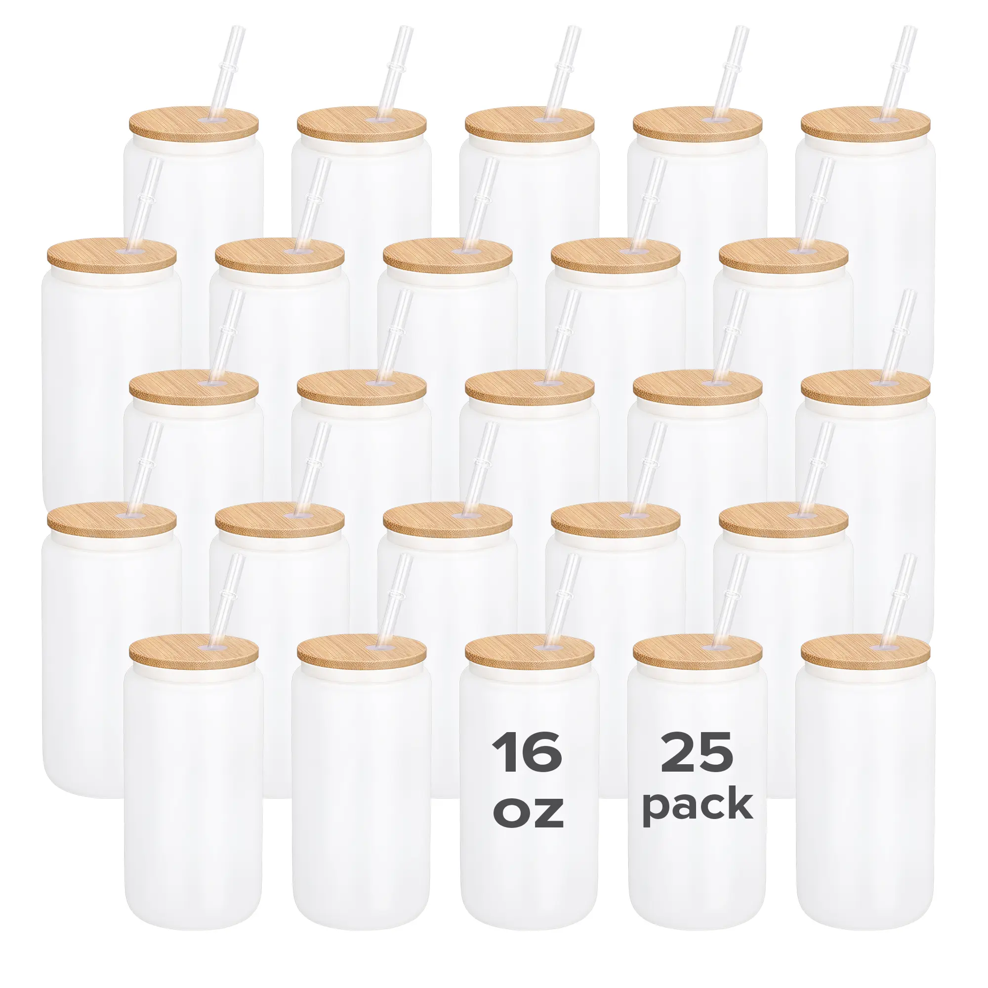 FASTSUB 25-Pack 16 oz Reusable Sublimation Frosted Glass Skinny Tumblers - Sublimation Blank Tumblers with Bamboo Lids, Plastic Straws, Coated Finish, Straw Portable Bottle for Custom Printing