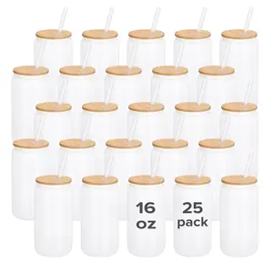 FASTSUB 25 Pack 16 oz Sublimation Frosted Glass Tumblers with Bamboo Lids & Plastic Straws Coated Drinkware for Easy Customization