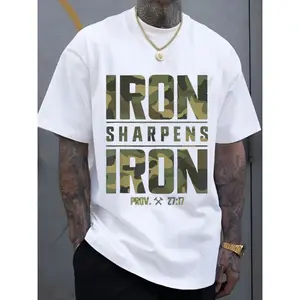 CMBT Men's Oversized 100% Cotton Graphic T-Shirt - "IRON SHARPENS IRON" & Proverbs 27:17 Bible Verse Design, Geometric Print Casual Streetwear Tee, Breathable Summer Top, Machine Washable, Summer Fashion |   Camouflage Pattern |   Durable Fabric