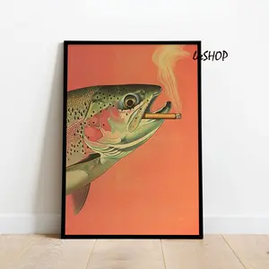 Trout Smoking a Cigarette Vintage Poster Art Funny Retro Whimsical Print Cabin Wall Decor Outdoor Sports Fisherman Illustration Gift for Dad room poster Frames Glossy