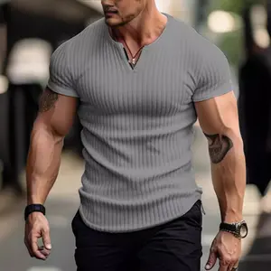 men's graphic tees 2025 Summer New Men's Casual Sports Breathable V-neck Vertical Strip Solid Color T-shirt