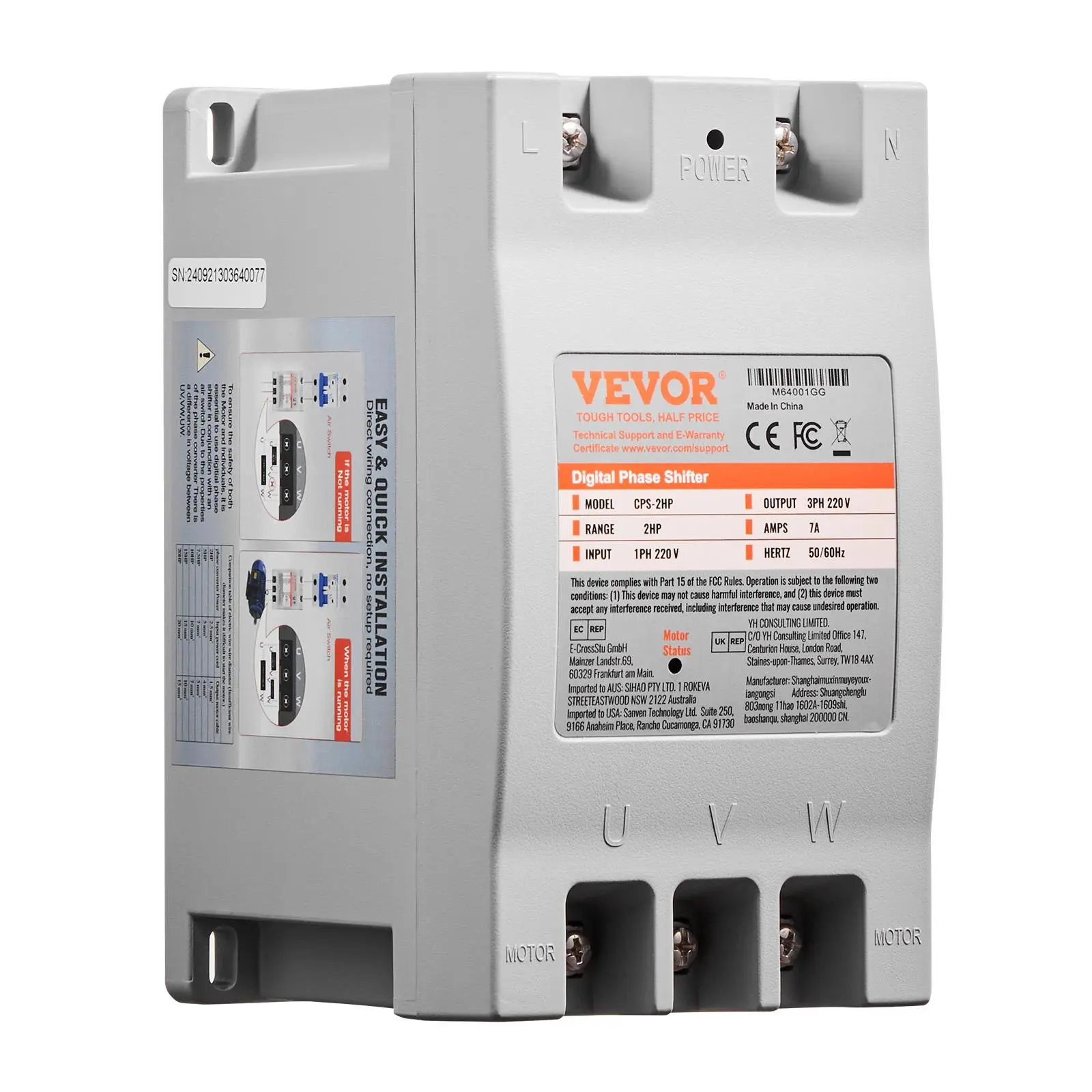 【summerfinds】VEVOR 3 Phase Converter - 2HP 7A 220V Single Phase to 3 Phase Converter, 220V Input/Output, Digital Phase Shifter for Residential & Light Commercial Use (One Converter for One Motor Only)