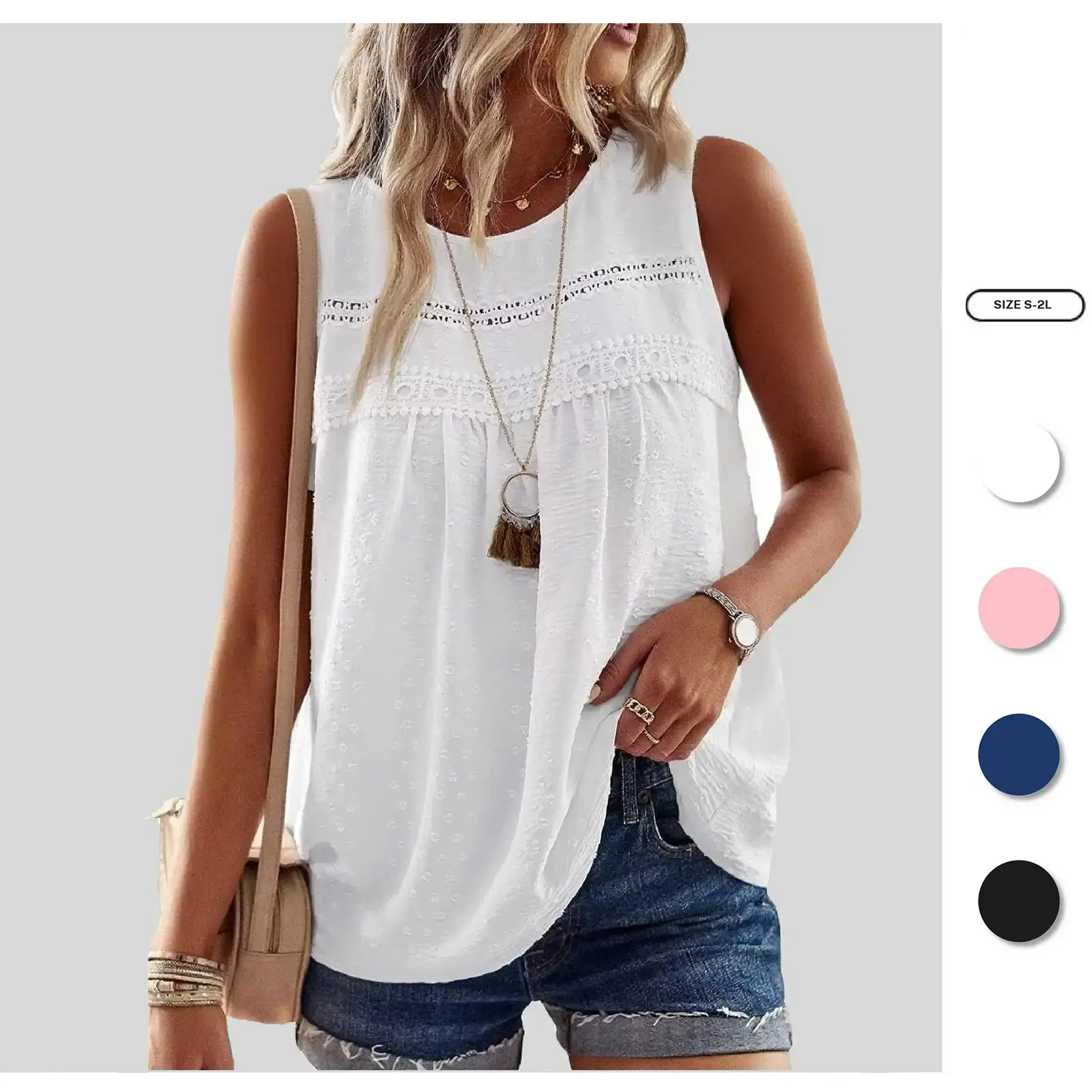 Imily Bela Tank Top for Women Loose Fit Sleeveless Crew Neck Camisole Tops Casual Swiss Dots Summer Cami Shirts Blouse SpringStatements