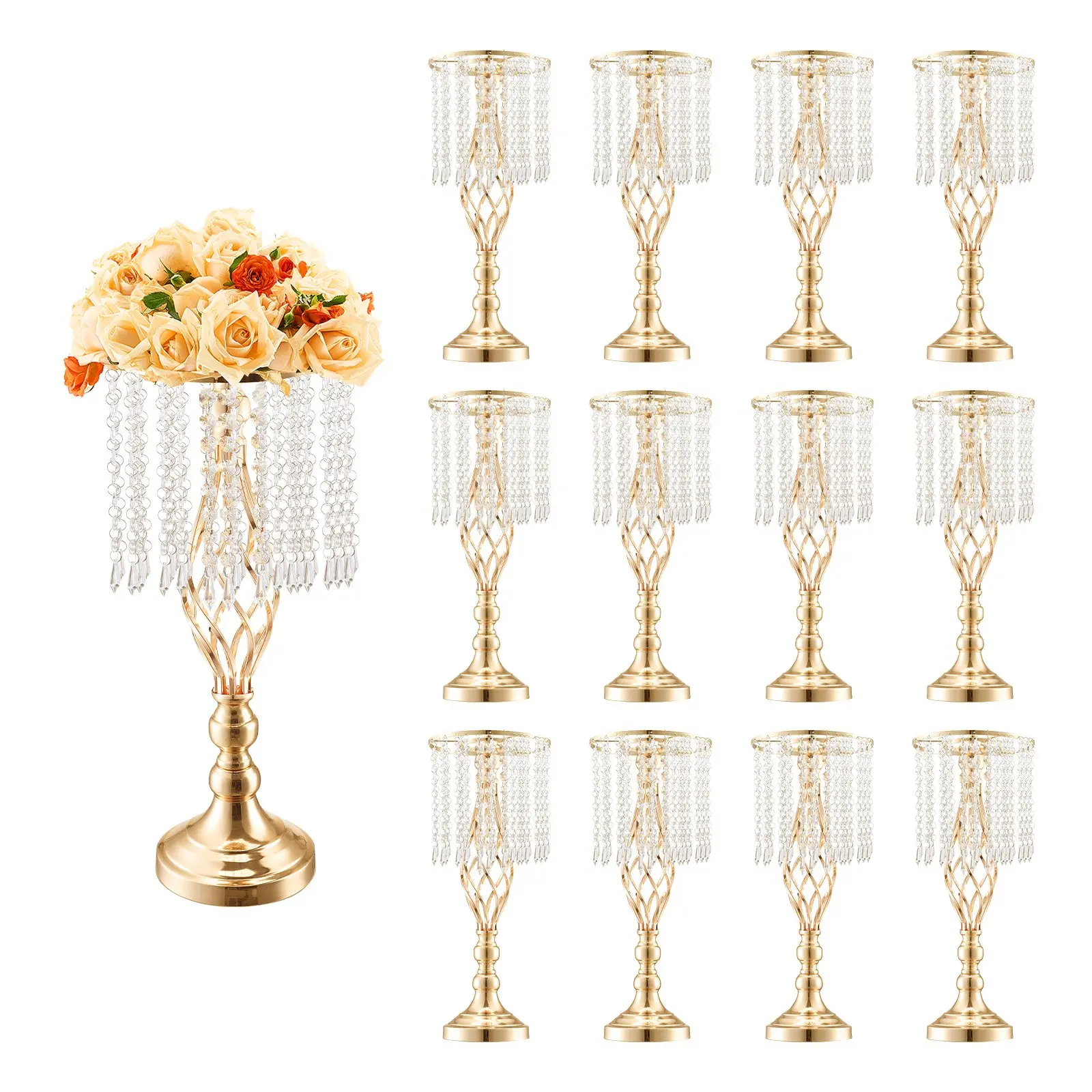【Summerfinds】VEVOR 12PCS 49cm/19.3" Tall Crystal Wedding Flower Stand, Metal Wedding Centerpiece Vase, Gold Flower Holders Floral Display Rack for Tables Wedding Dinner Party, Ceremony Birthday Event Decor