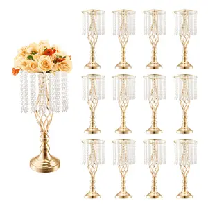 VEVOR 12PCS 49cm/19.3" Tall Crystal Wedding Flower Stand, Metal Wedding Centerpiece Vase, Gold Flower Holders Floral Display Rack for Tables Wedding Dinner Party, Ceremony Birthday Event Decor