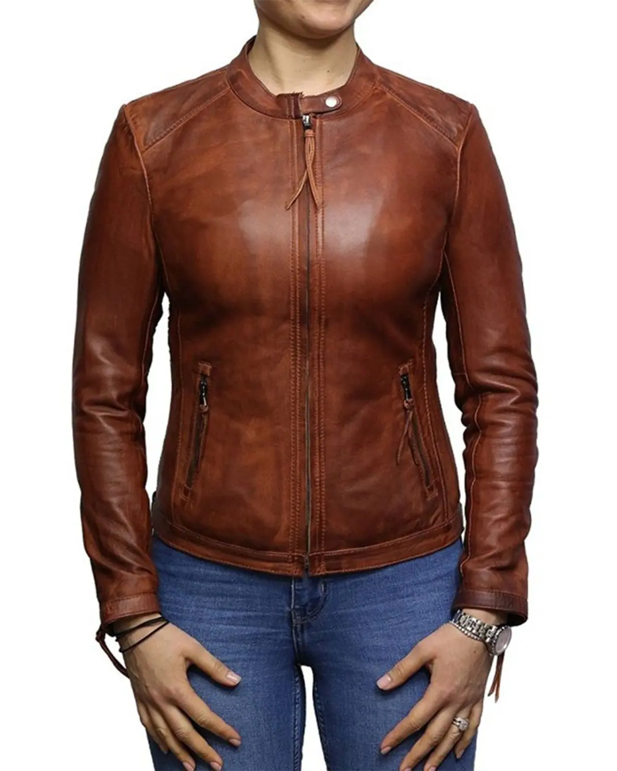 Women's Waxed Brown Biker Real Sheepskin Leather Jacket